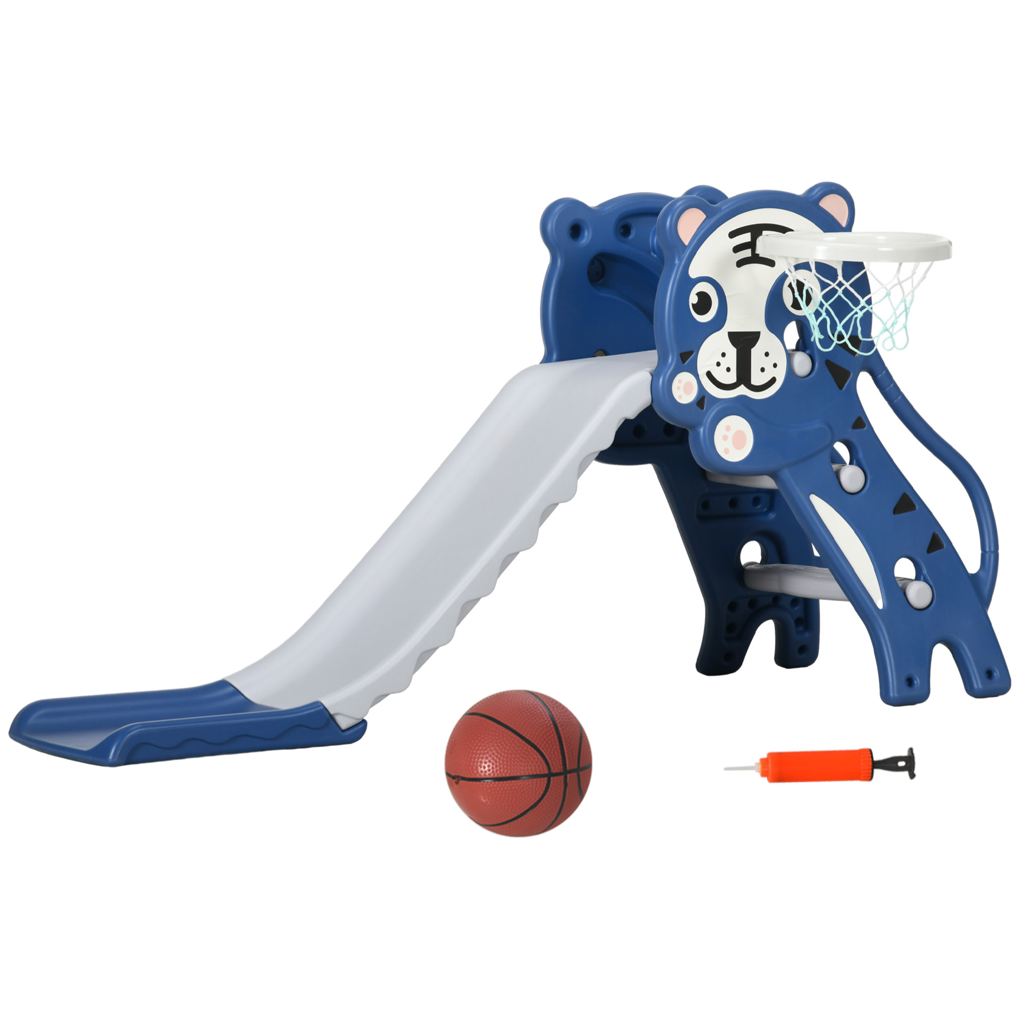 Tobogán Infantil 2 en 1 Tobogán para Niños de 18 a 36 Meses con 2 Escaleras 1 Canasta de Baloncesto y Patrón de Tigre para Interior 133x60x70 cm Azul y Gris