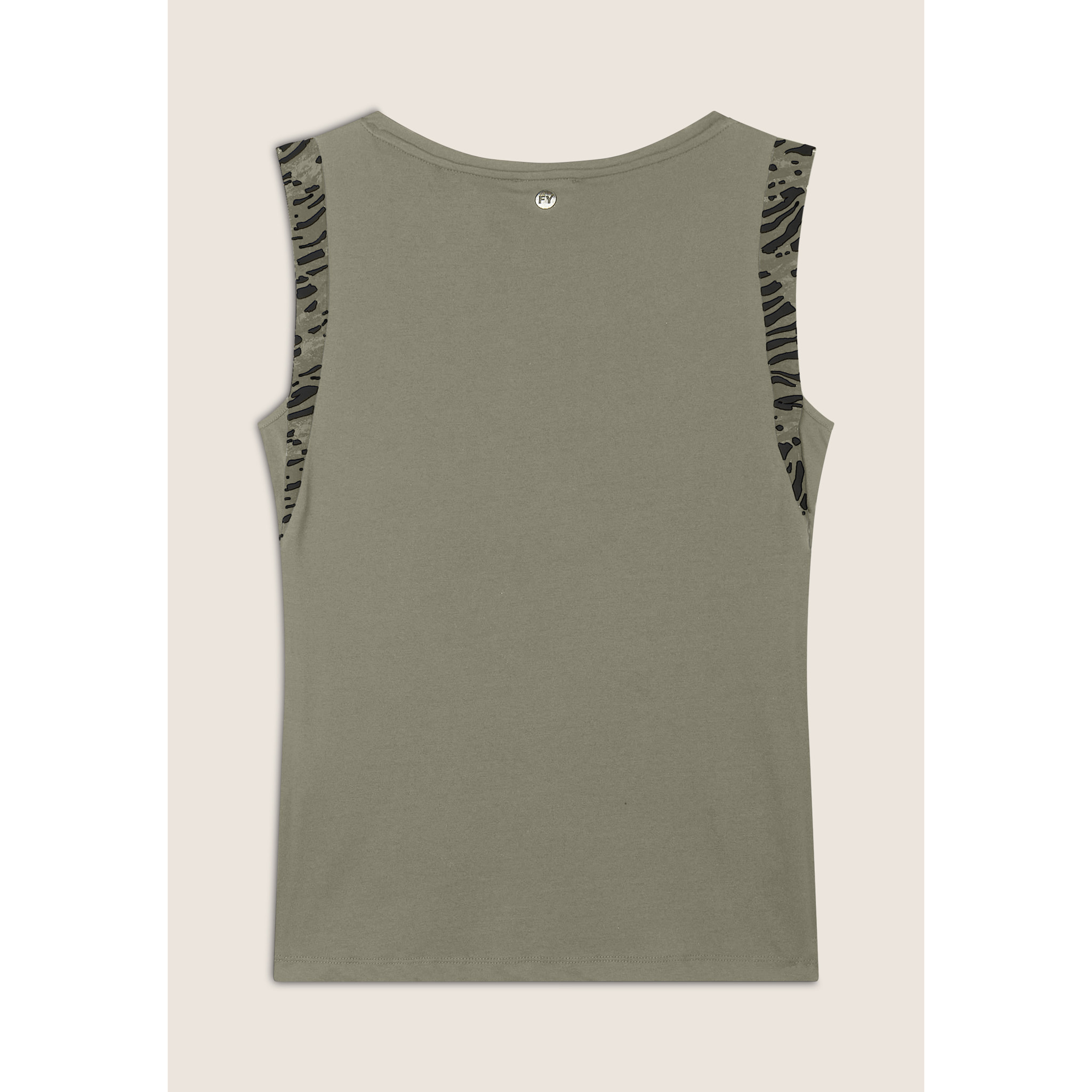 T-shirt senza maniche con dettagli dorati e animalier