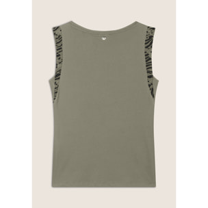 T-shirt senza maniche con dettagli dorati e animalier