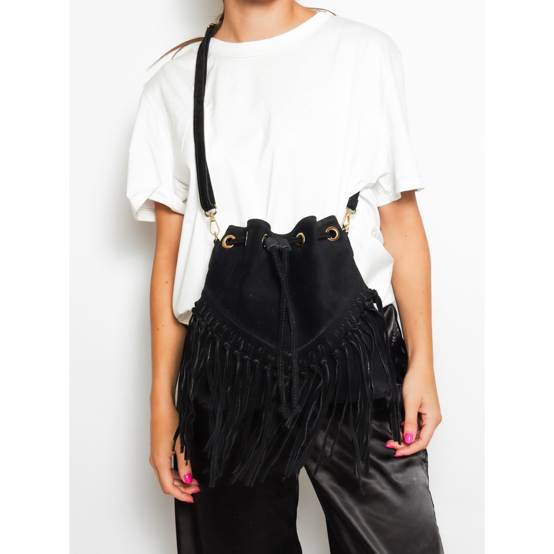 Borsa a secchiello da donna Made in Italy - Modello Umbria Plus - Pelle scamosciata - 25.0 x 22.0 x 13.0 cm