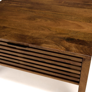 ALIX - Table basse carrée 70x70cm en bois de manguier 2 tiroirs ajourés