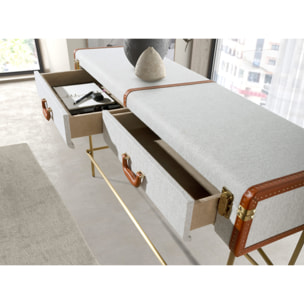 Consola rectangula en madera chapada en nogal natural con un elegante tapizado en tela gris claro 141x45x81cm