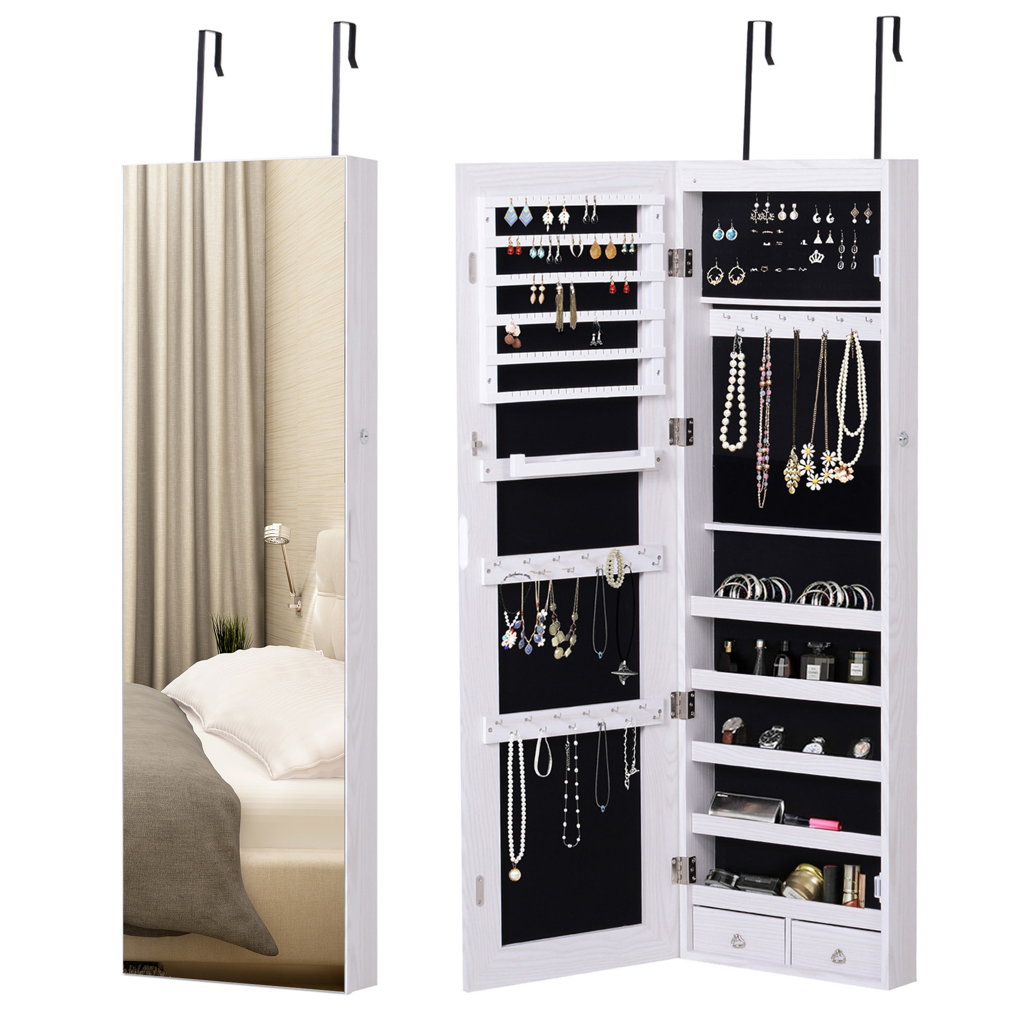 Armoire à bijoux miroir à suspendre 2 en 1 - éclairage LED intérieur, verrouillable, multi-rangement - blanc