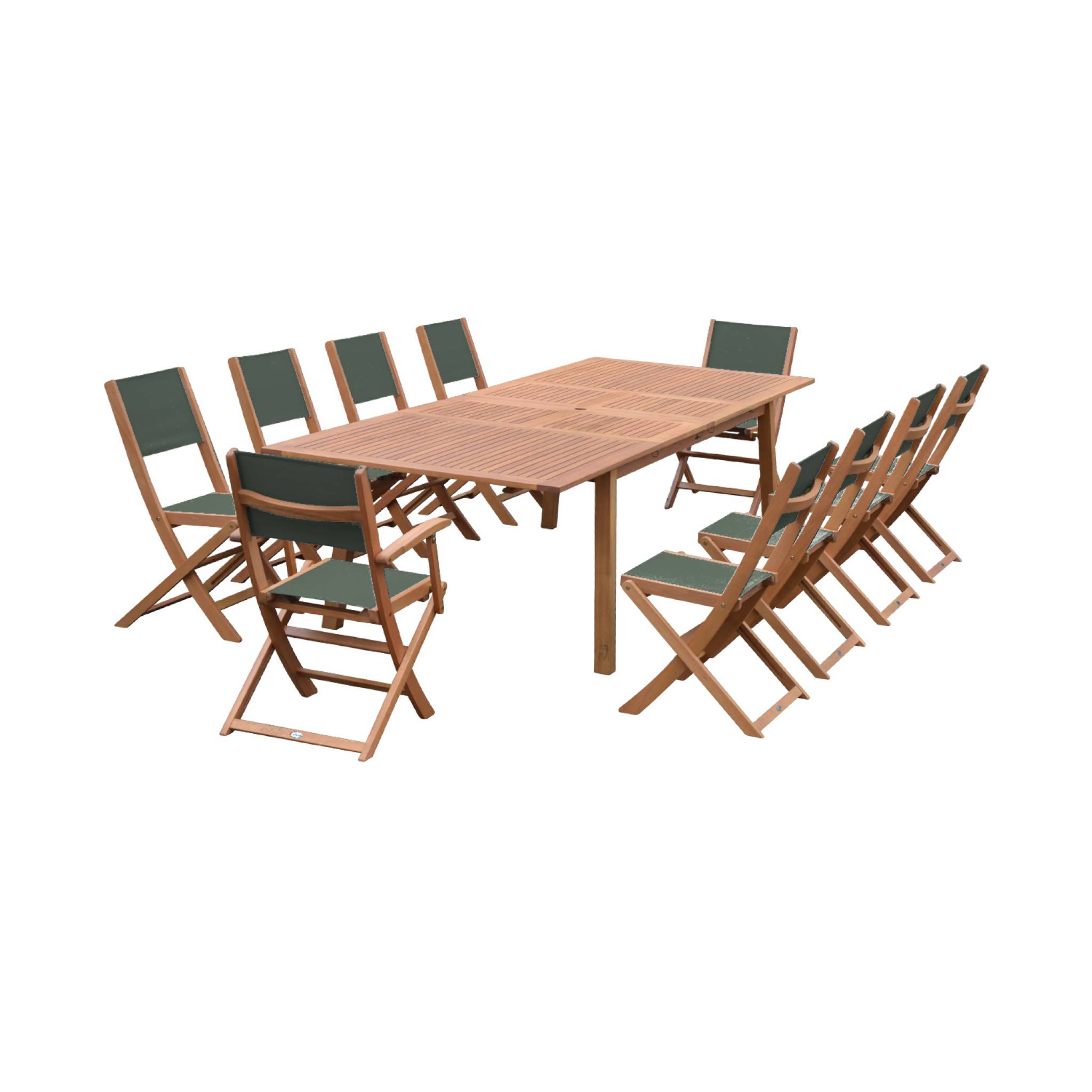 Salon de jardin en bois extensible - Almeria - Grande table 200/250/300cm avec 2 rallonges. 2 fauteuils et 8 chaises. en bois d'Eucalyptus huilé et textilène savane