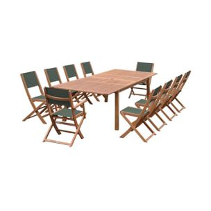 Salon de jardin en bois extensible - Almeria - Grande table 200/250/300cm avec 2 rallonges. 2 fauteuils et 8 chaises. en bois d'Eucalyptus huilé et textilène savane