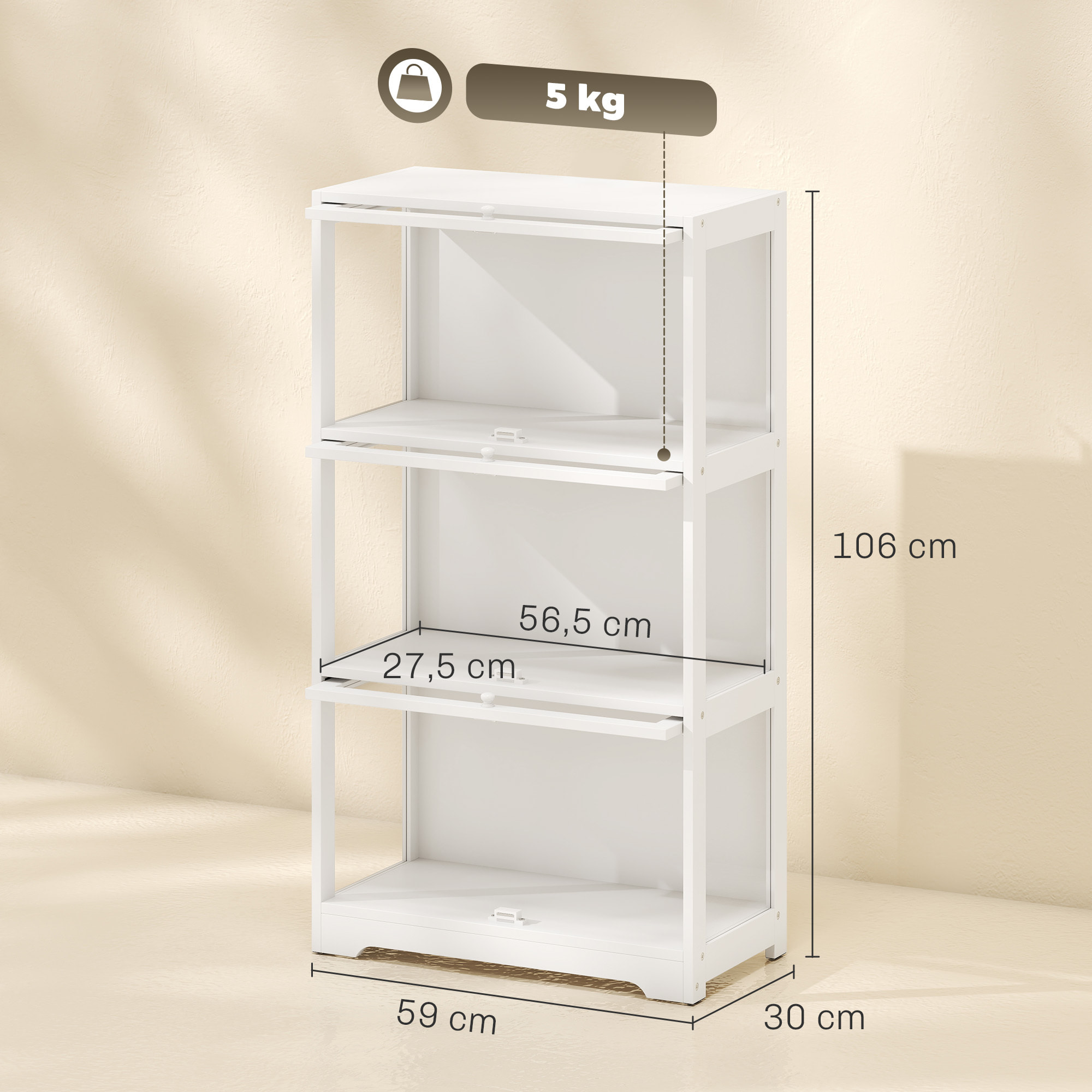 Vitrina Expositora para Colecciones de 3 Niveles, Vitrina con Puertas Abatibles de Acrílico, Anti-vuelco, Armario Auxiliar para Perfumes, Figuras de Decoración, 59x30x106 cm, Blanco