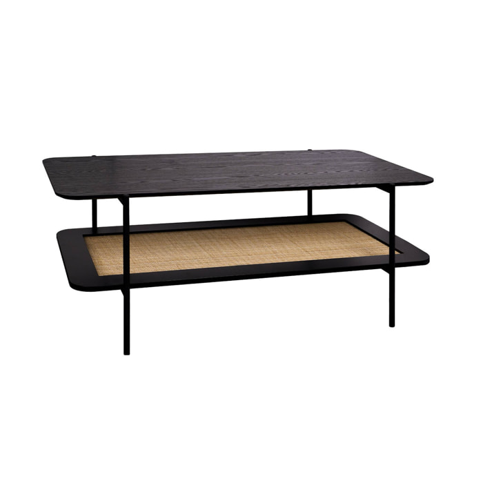 Table basse vintage 110 cm coloris noir. double plateaux effet bois et cannage. piètement et structure en métal noir