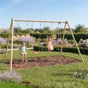 Balançoire double avec face à face, trapèze, siège bébé et échelle de corde - Techwood Harmonie MANOU 2 - Aléo by Trigano