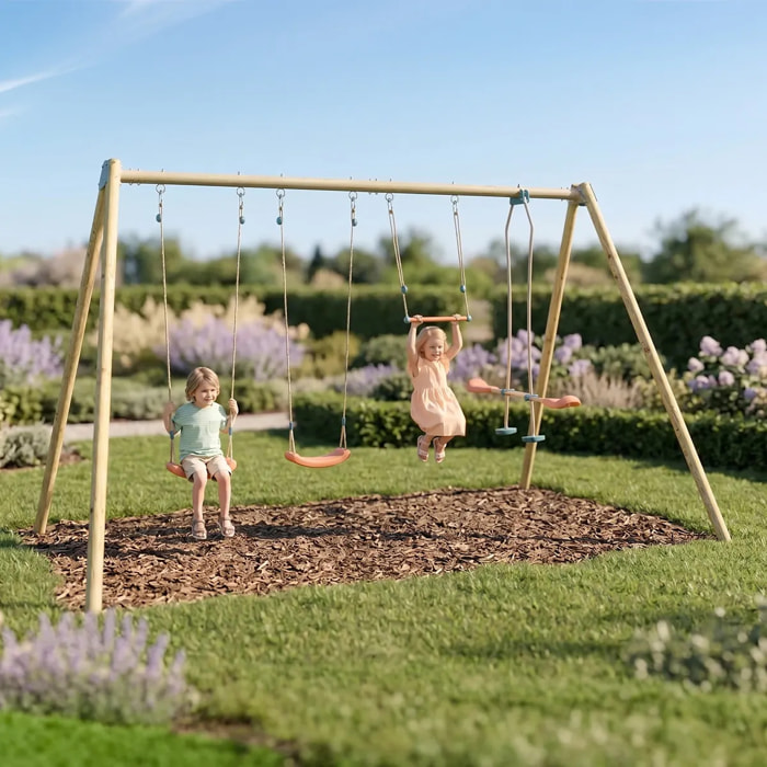 Balançoire double avec face à face, trapèze, siège bébé et échelle de corde - Techwood Harmonie MANOU 2 - Aléo by Trigano