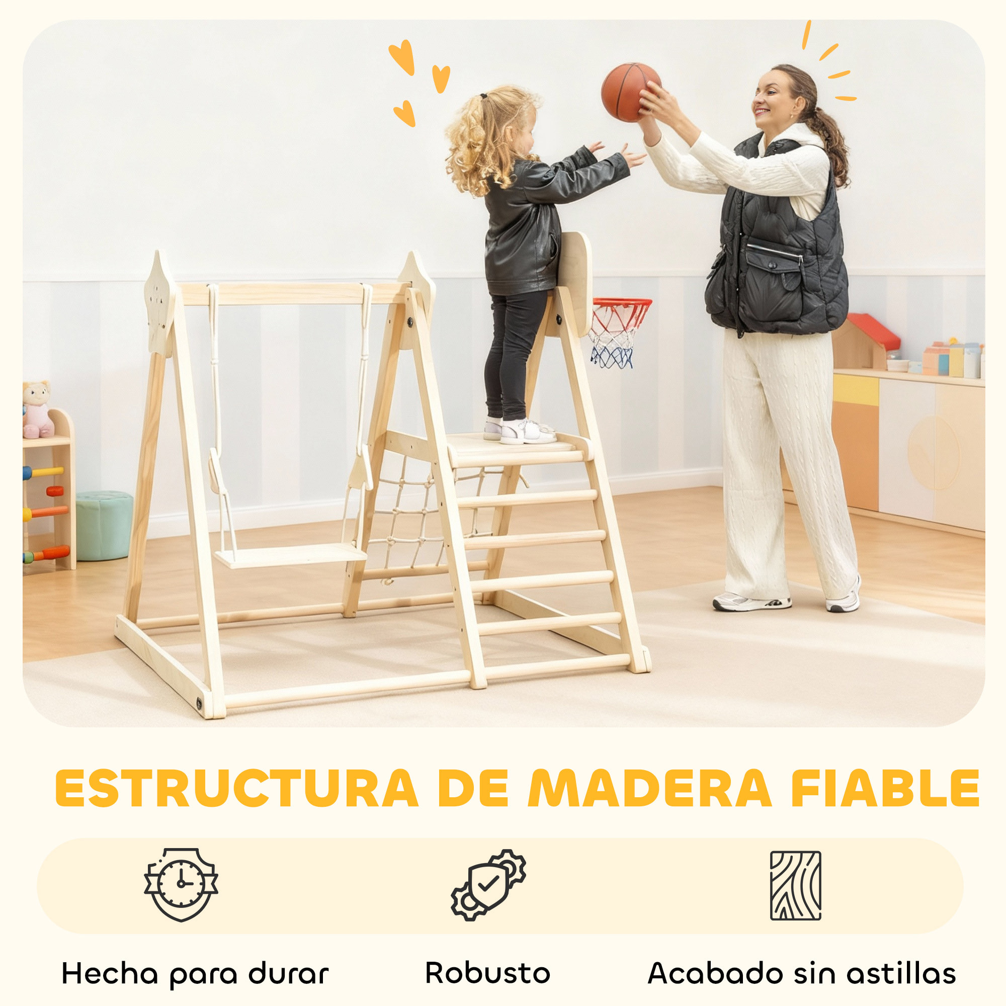Tobogán Infantil 5 en 1, Estructura de Escalada de Madera con Tobogán, Columpio, Aro de Baloncesto, Tabla, Red de Escalada, Parque Plegable para Niños de 3-6 Años, Interior, Exterior, Natural