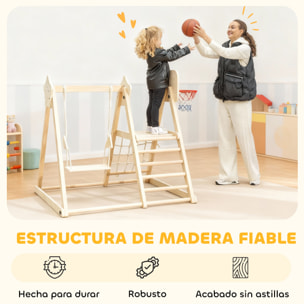 Tobogán Infantil 5 en 1, Estructura de Escalada de Madera con Tobogán, Columpio, Aro de Baloncesto, Tabla, Red de Escalada, Parque Plegable para Niños de 3-6 Años, Interior, Exterior, Natural