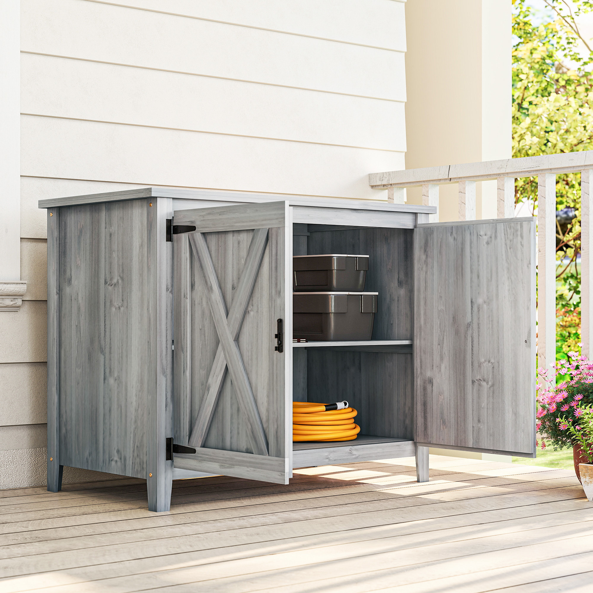 Armoire de jardin en bois 2 portes étagère 110 x 60 x 88 cm gris