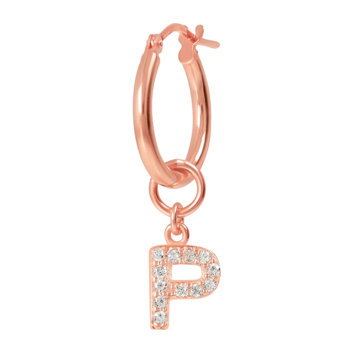 Orecchino a Cerchio con Ciondolo Lettera P in Pavé di Cubic Zirconia Rosa