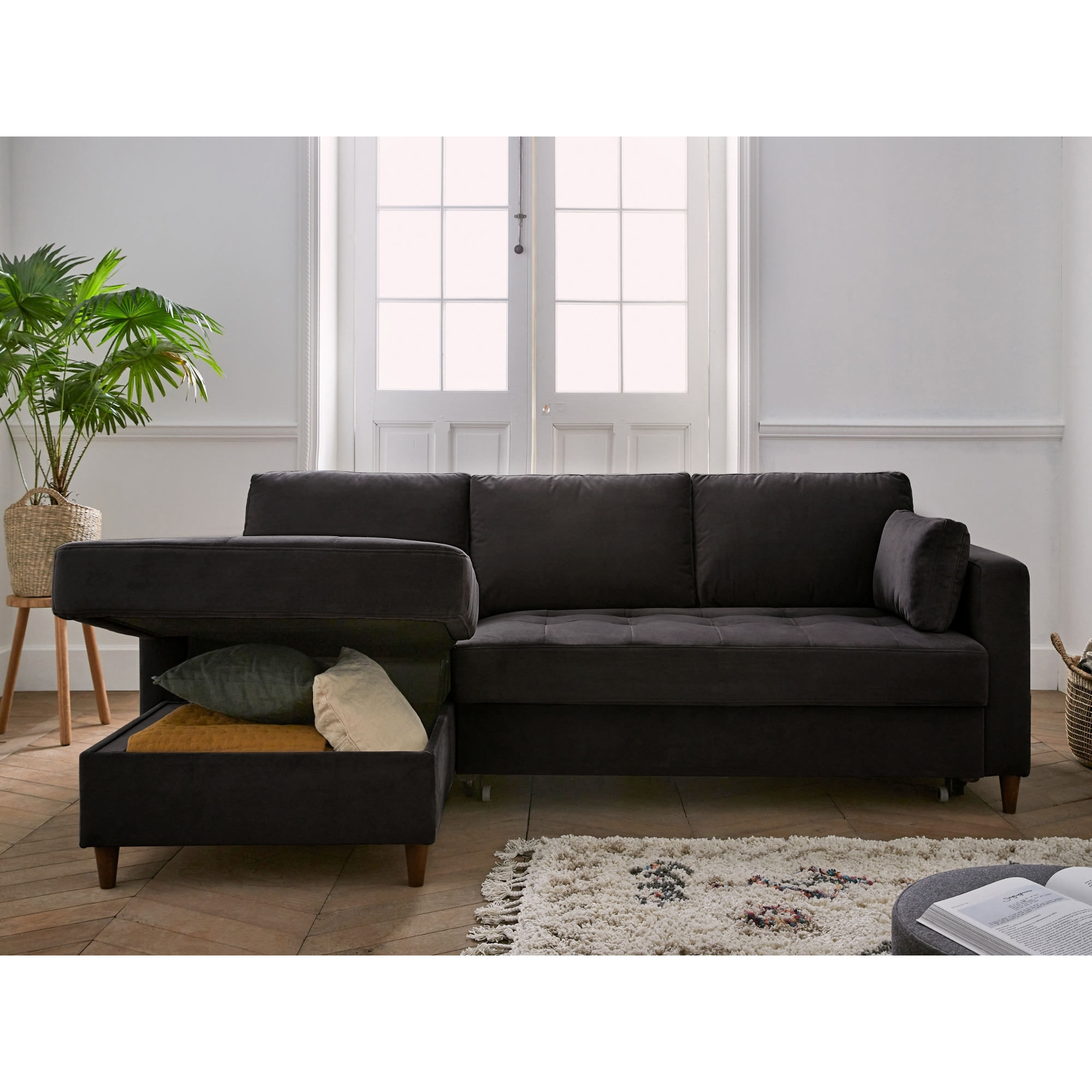 Anna - canapé d'angle gauche - 4 places - convertible avec coffre - en velours - Gris foncé
