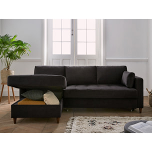 Anna - canapé d'angle gauche - 4 places - convertible avec coffre - en velours - Gris foncé