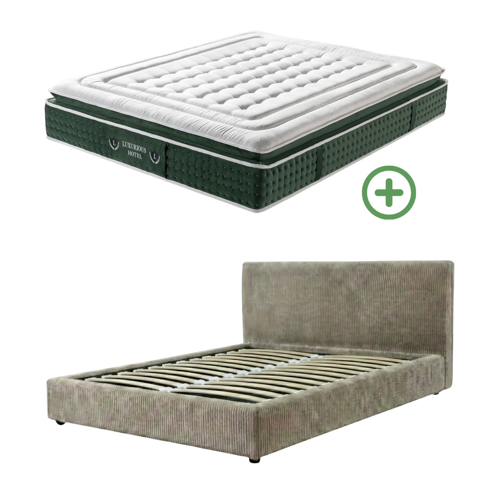 Ensemble matelas Jade & lit coffre Colisée | Mémoire de forme et ressorts ensachés | Grande capacité de stockage | Bouclette | Olive