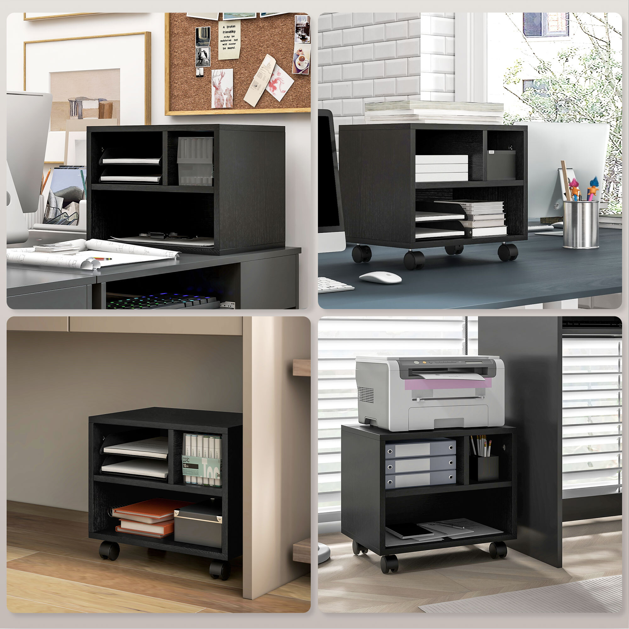 Mueble de Impresora con Ruedas Soporte de Impresora con Compartimentos Abiertos para Oficina Estudio 40x30x36 cm Negro
