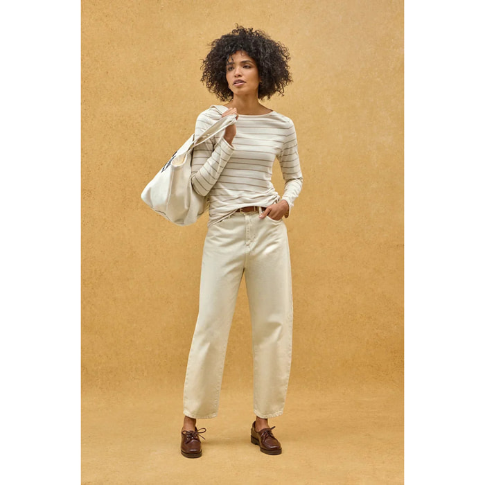 Maglietta a righe crema e marrone chiaro con collo a barca e logo Polo Club