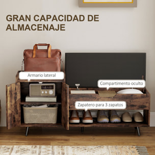 Banco Zapatero, Banco Recibidor Industrial, con Asiento Acolchado, Compartimento Oculto, Estantes, Puertas, Estante Abierto para 3 Pares de Zapatos, para Entrada, 127x35x59 cm, Marrón Rústico