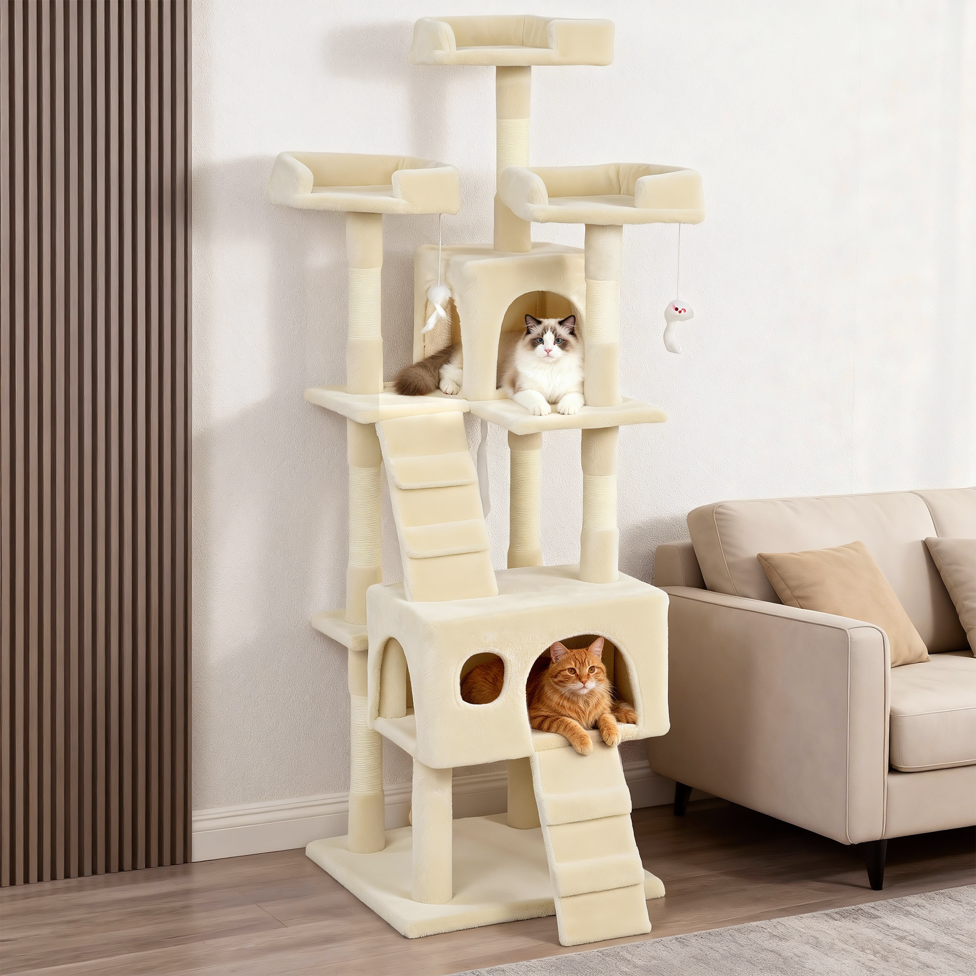 Árbol Rascador para Gatos, Árbol para Gatos 153 cm, Torre Escalador con 2 Cuevas, 3 Camas, 2 Rampas, Postes de Sisal, 2 Ratones Colgantes, Crema
