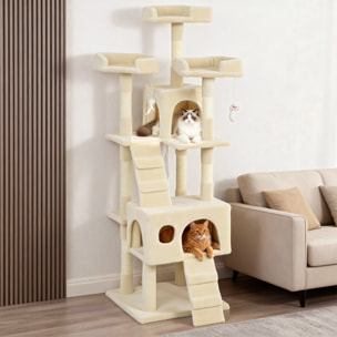 Árbol Rascador para Gatos, Árbol para Gatos 153 cm, Torre Escalador con 2 Cuevas, 3 Camas, 2 Rampas, Postes de Sisal, 2 Ratones Colgantes, Crema