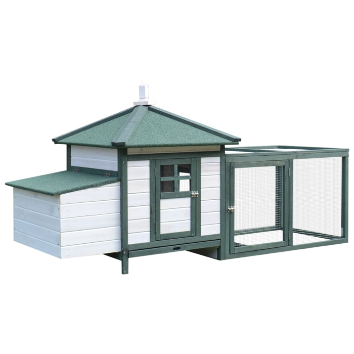 PawHut Gallinero de Madera de Pino Refugio Jaula para Gallinas Pollos Exterior con Caja Nido Bandeja Extraíble y Espacio para Correr 196x76x97 cm Verde y Blanco