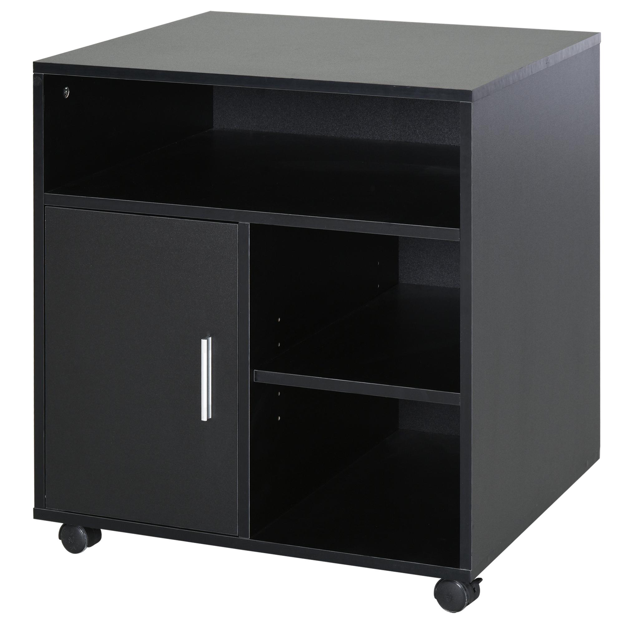 HOMCOM Support d'imprimante organiseur bureau caisson placard porte 3 niches + grand plateau panneaux particules noir