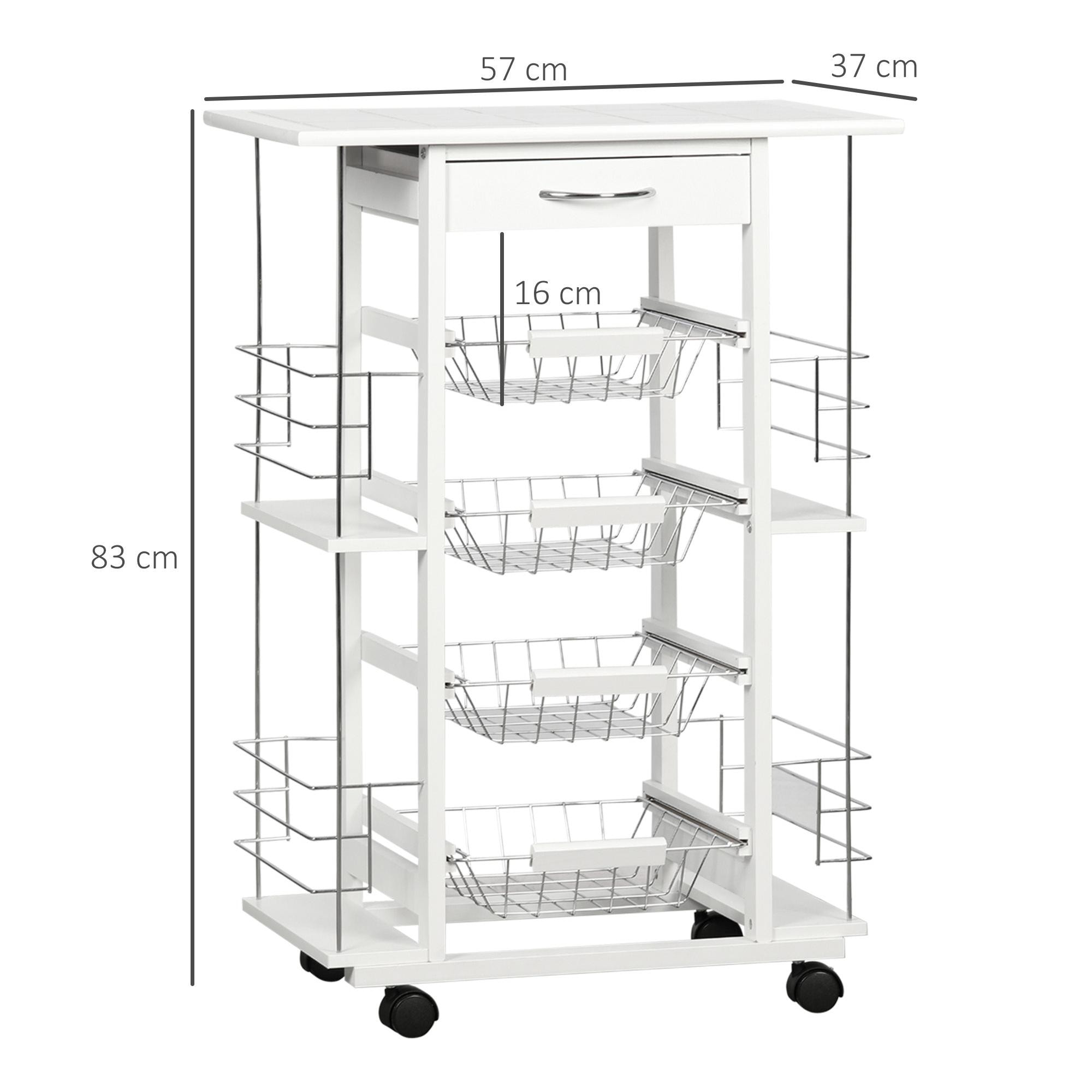 HOMCOM Carrito de Cocina con Ruedas Carrito Verdulero con Encimera Baldosado Cajón 4 Cestas de Metal y 4 Especieros Laterales para Comedor 57x37x83 cm Blanco