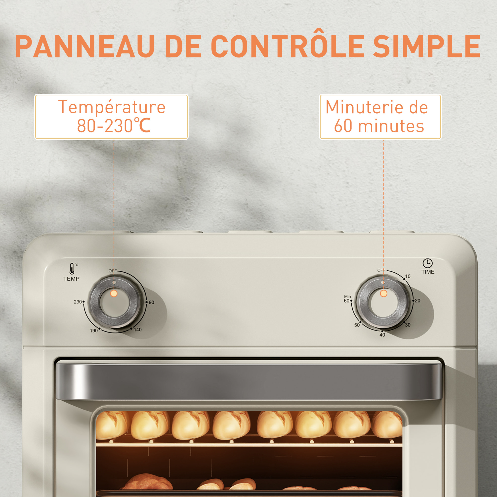 Friteuse à air mini four 1 000W 10L 80°C-230°C timer 5 accessoires inclus crème