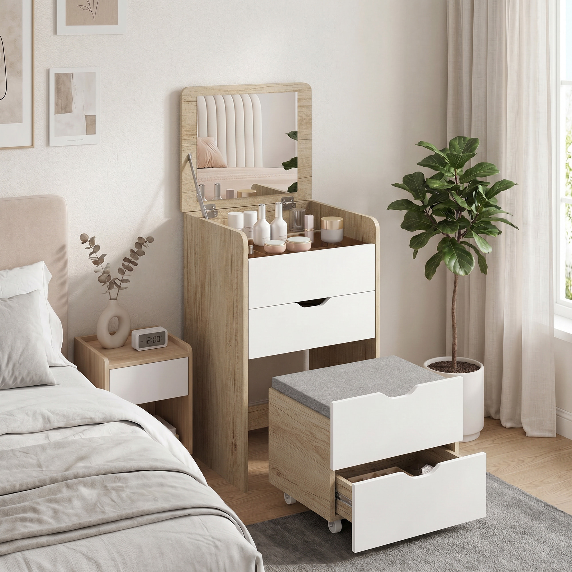 Coiffeuse chevet bureau d'appoint avec tabouret 3 en 1 multi-rangement