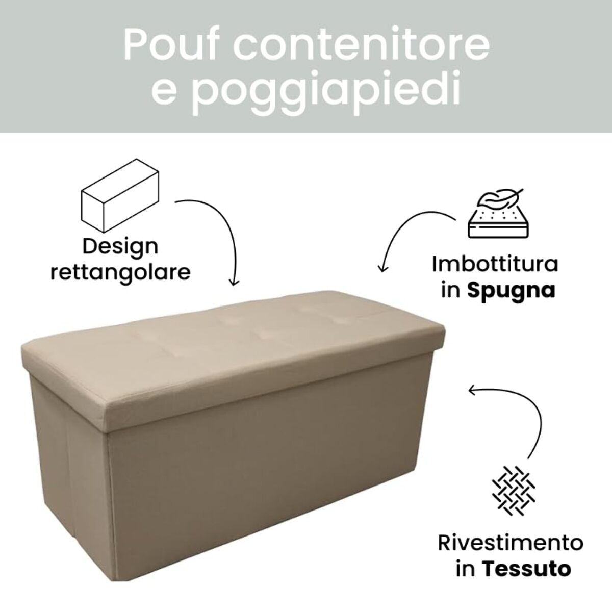 Pouf contenitore imbottito in tessuto con seduta lunga, panca multifunzione con spazio interno, ideale come poggiapiedi, seduta o contenitore, pratico e versatile per soggiorno, camera o ingresso, facile da pulire, dimensioni 76x34x34 cm