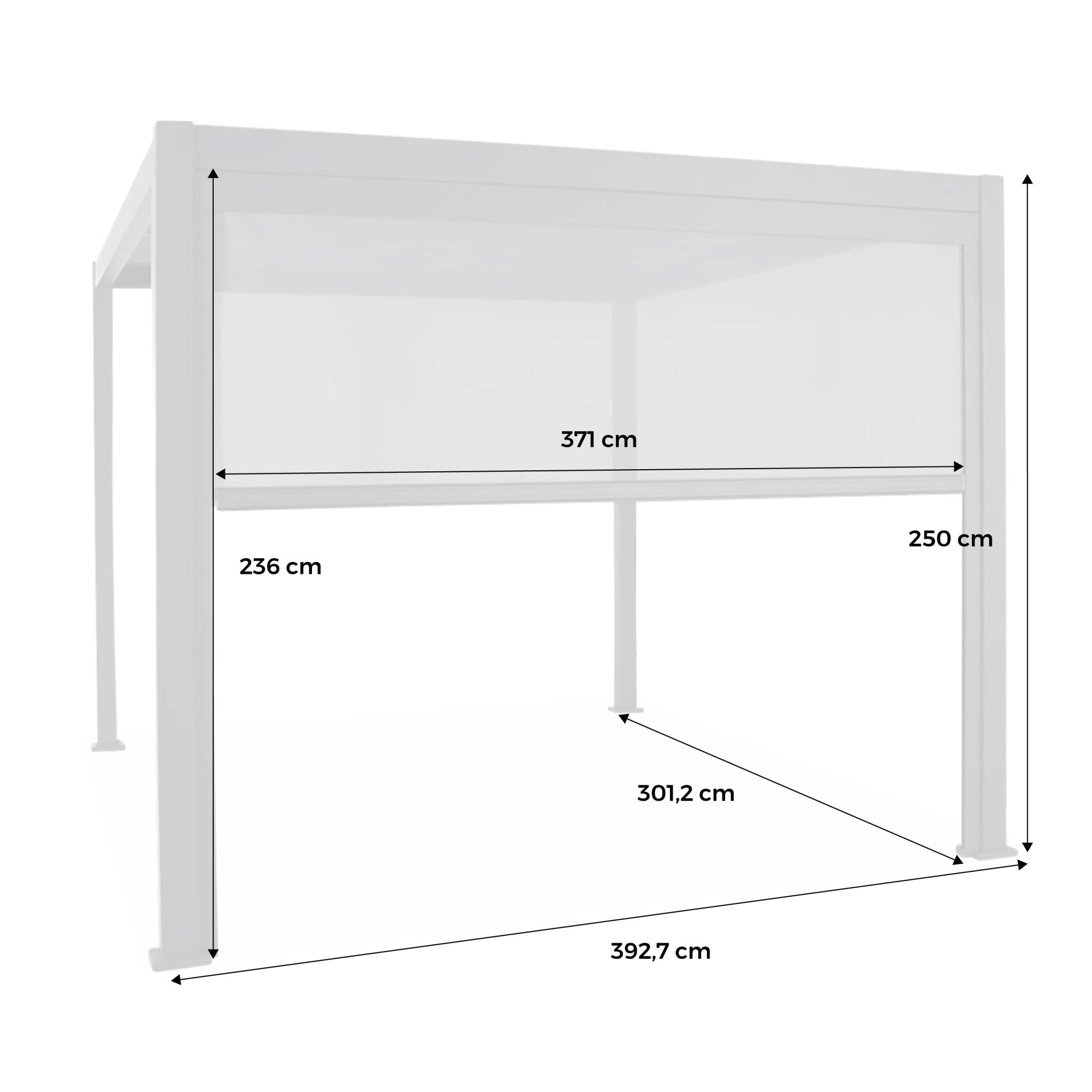 Pergola Bioclimatique blanche – Triomphe – 300x400cm. aluminium. à lames orientables + store 300cm