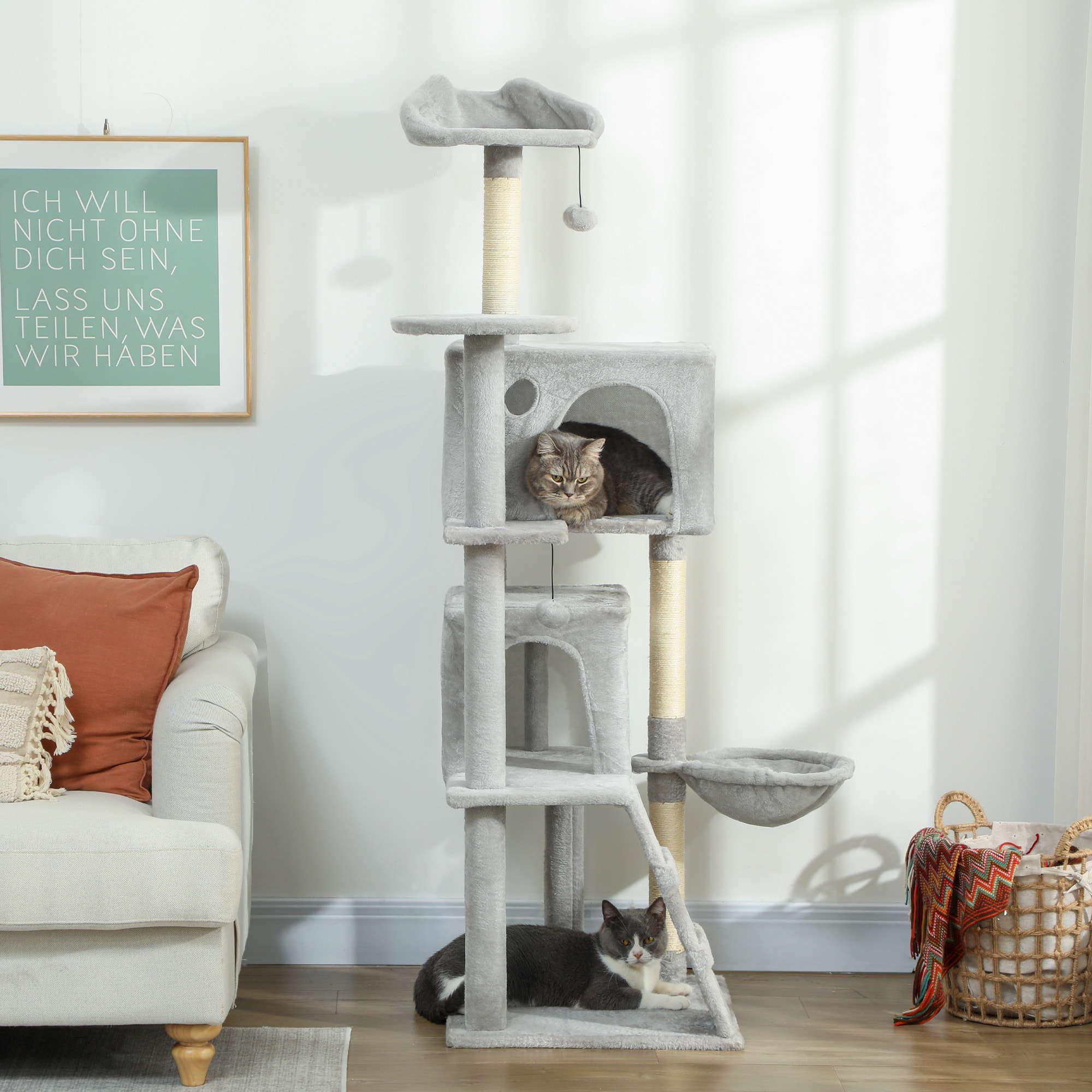 Árbol Rascador para Gatos, Árbol para Gatos 160 cm, Torre Escalador con Múltiples Plataformas, Cama, 2 Cuevas, Hamaca, Escalera, Postes de Sisal, Bolas para Jugar, Gris Claro