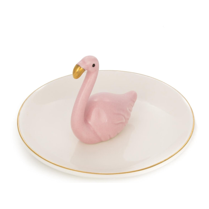 DAM Figura decorativa de porcelana flamenco sobre plato 12x12x6,5 Cm. Color: Rosa