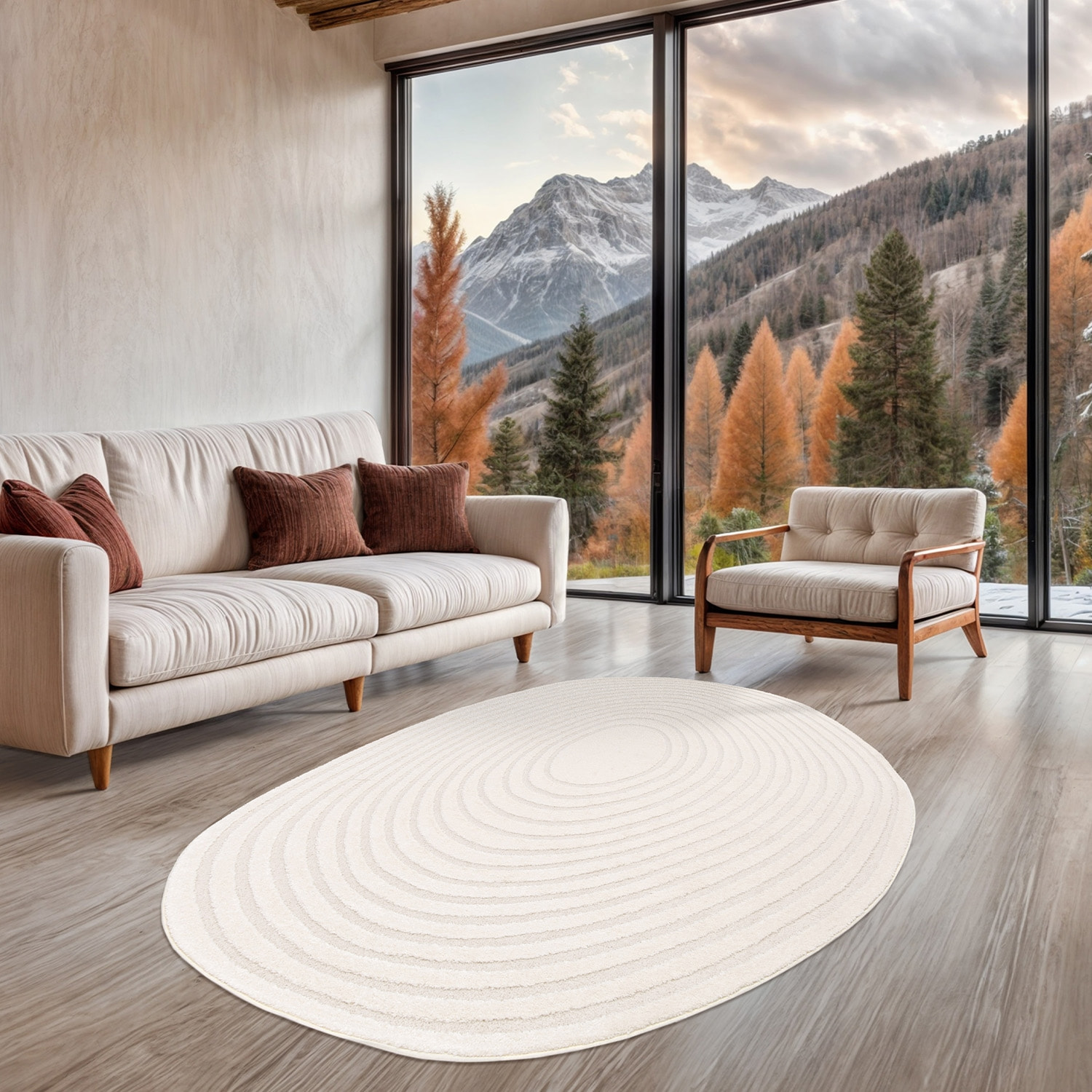 Tapis intérieur forme de galet motif circulaire crème Amanda 160x230cm