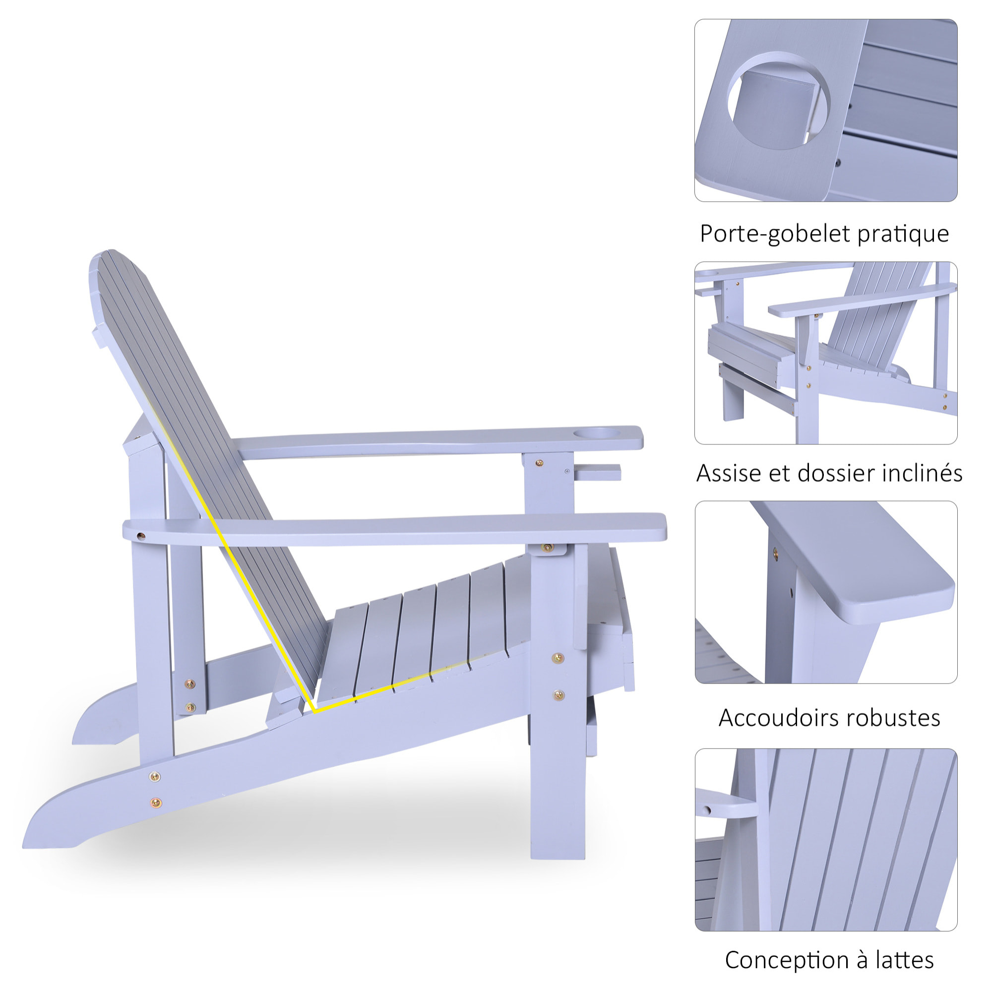 Fauteuil de jardin Adirondack grand confort porte-gobelet intégré bois de sapin traité peint gris