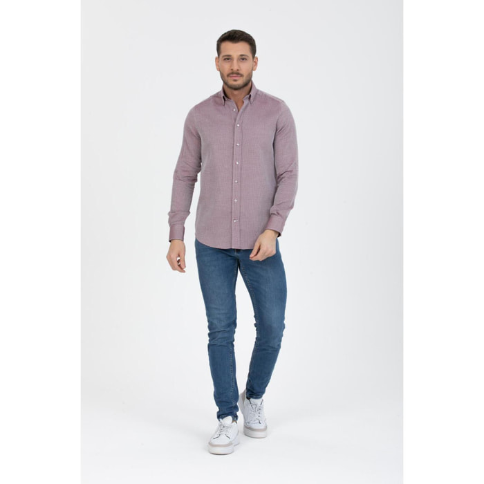 Camicia Uomo 1 Bottoni Button Down Slim Armaturato Fantasia Rosso Bordeaux/Bianco
