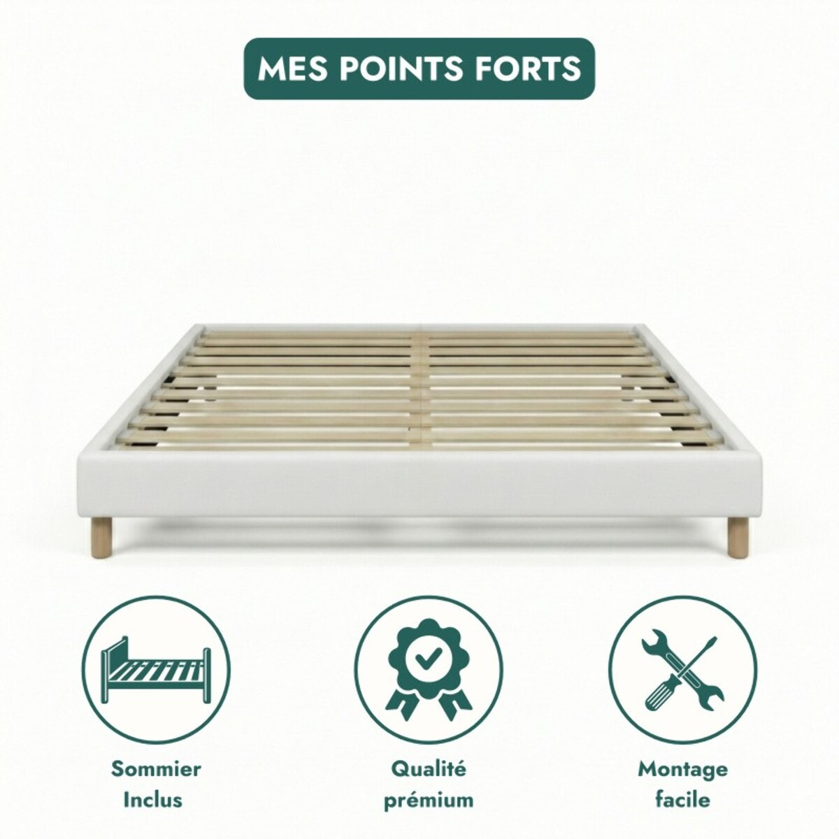 Lit Cancun | Cadre à lattes | Robustesse et confort | Montage simple rapide | Simili cuir | Blanc