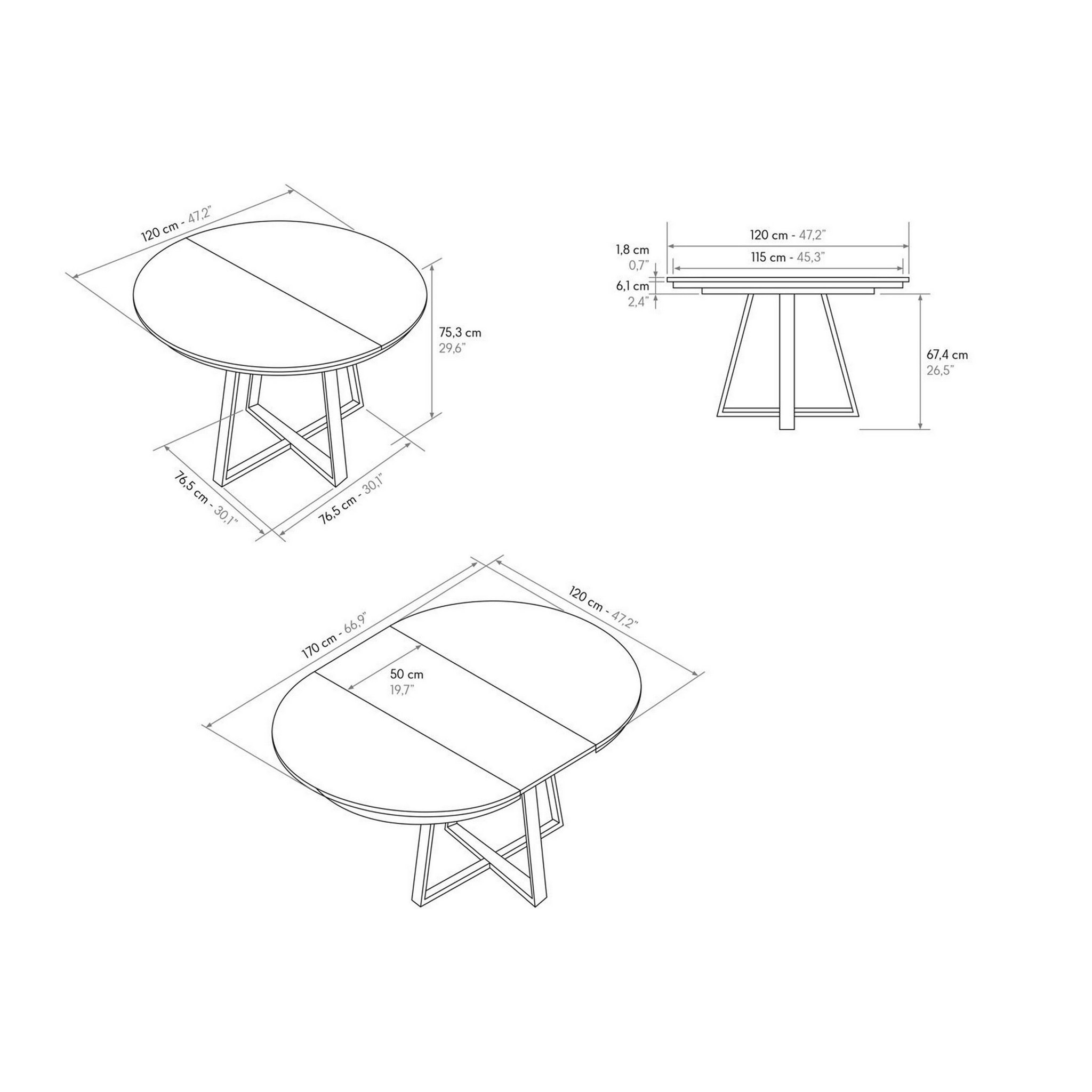 Tavolo rotondo PANTELLERIA in legno effetto bianco frassinato con base a X in metallo antracite, allungabile ⌀120 cm - ⌀170 cm