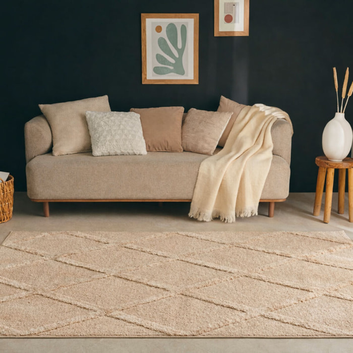 HARMONIE - Tapis de salon beige à motif berbère en relief
