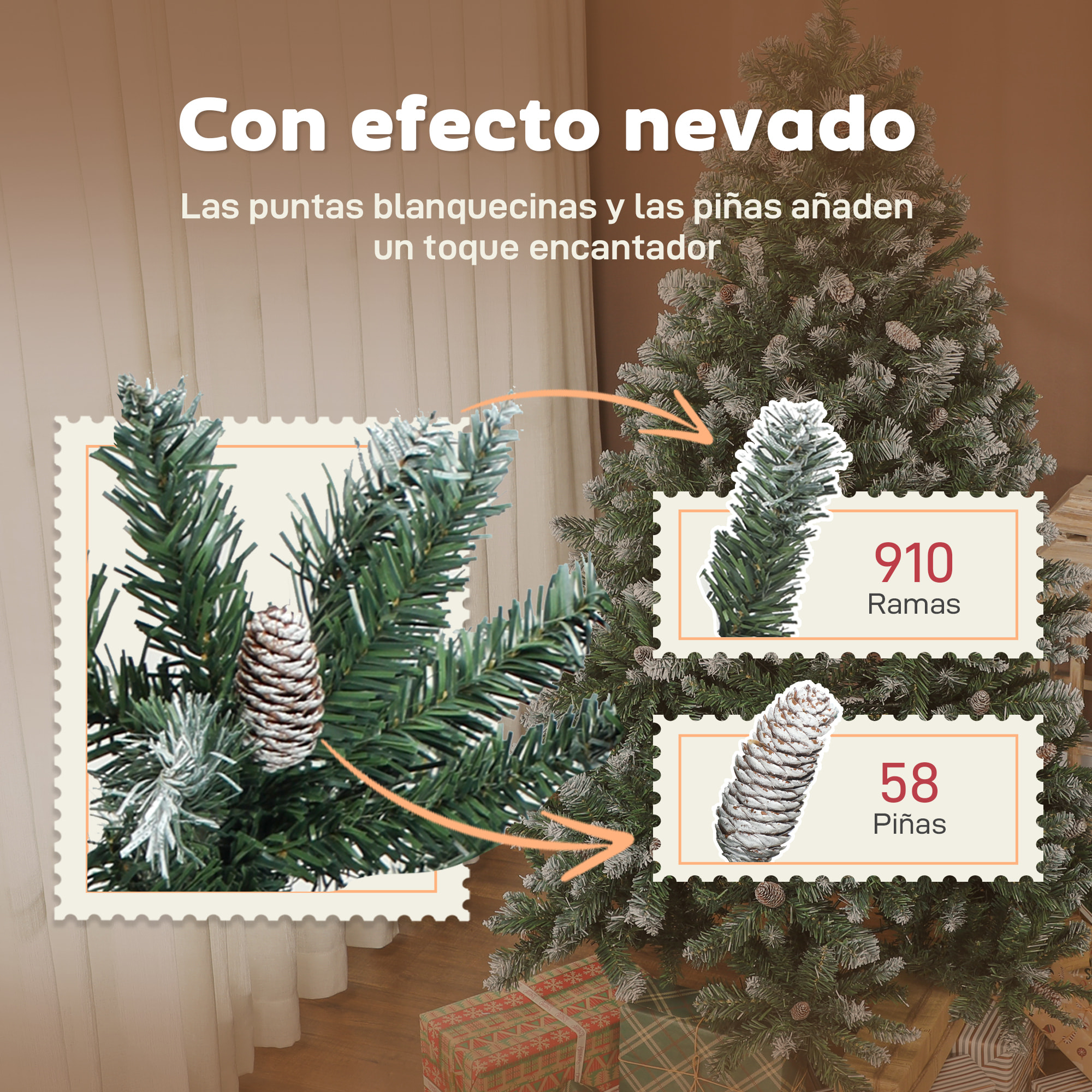 Árbol de Navidad Artificial 180 cm, Árbol de Navidad con 910 Ramas Densas con Nieve, 58 Piñas y Soporte Metálico Plegable, Fácil Montaje, para Salón, Interior, Verde