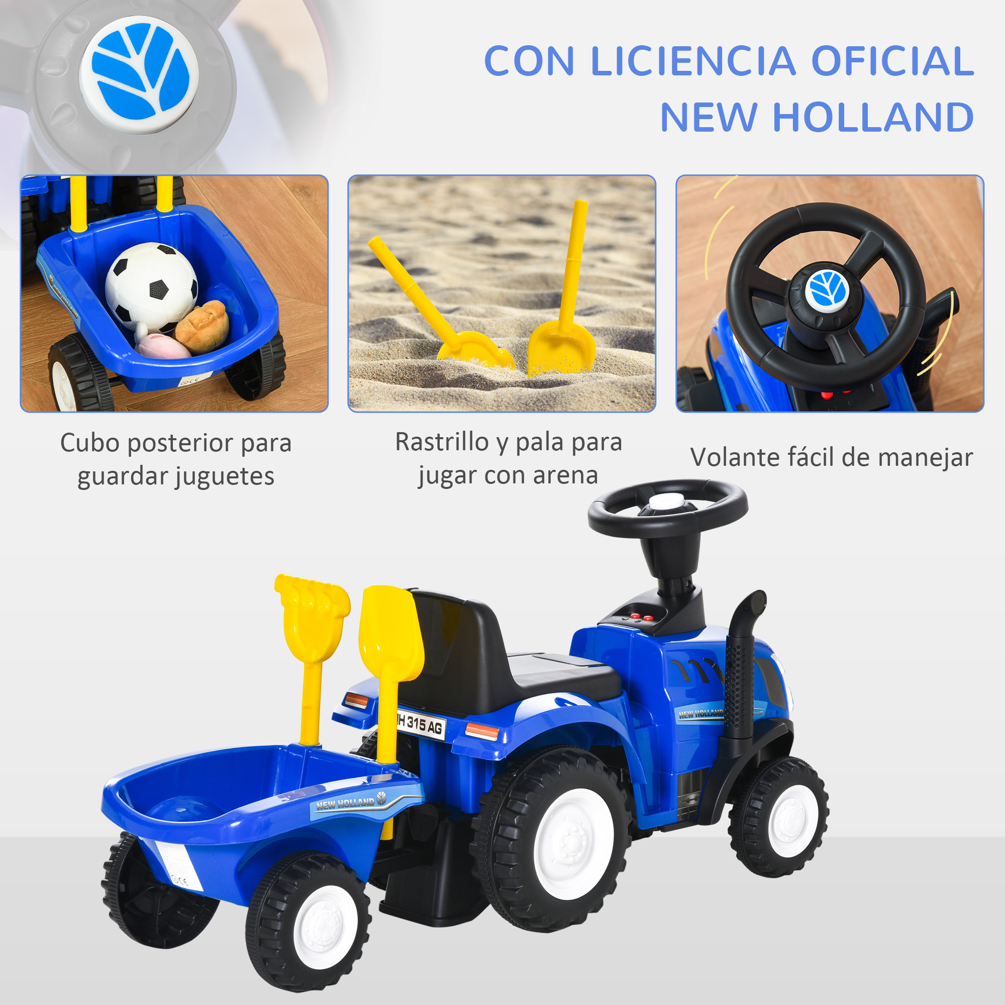 Tractor para Niños de 12-36 Meses con Remolque Extraíble Coche Correpasillos con Bocina Faros Pala Asiento de Suelo 25 cm y Rastrillo Carga 25 kg 91x29x44 cm Azul