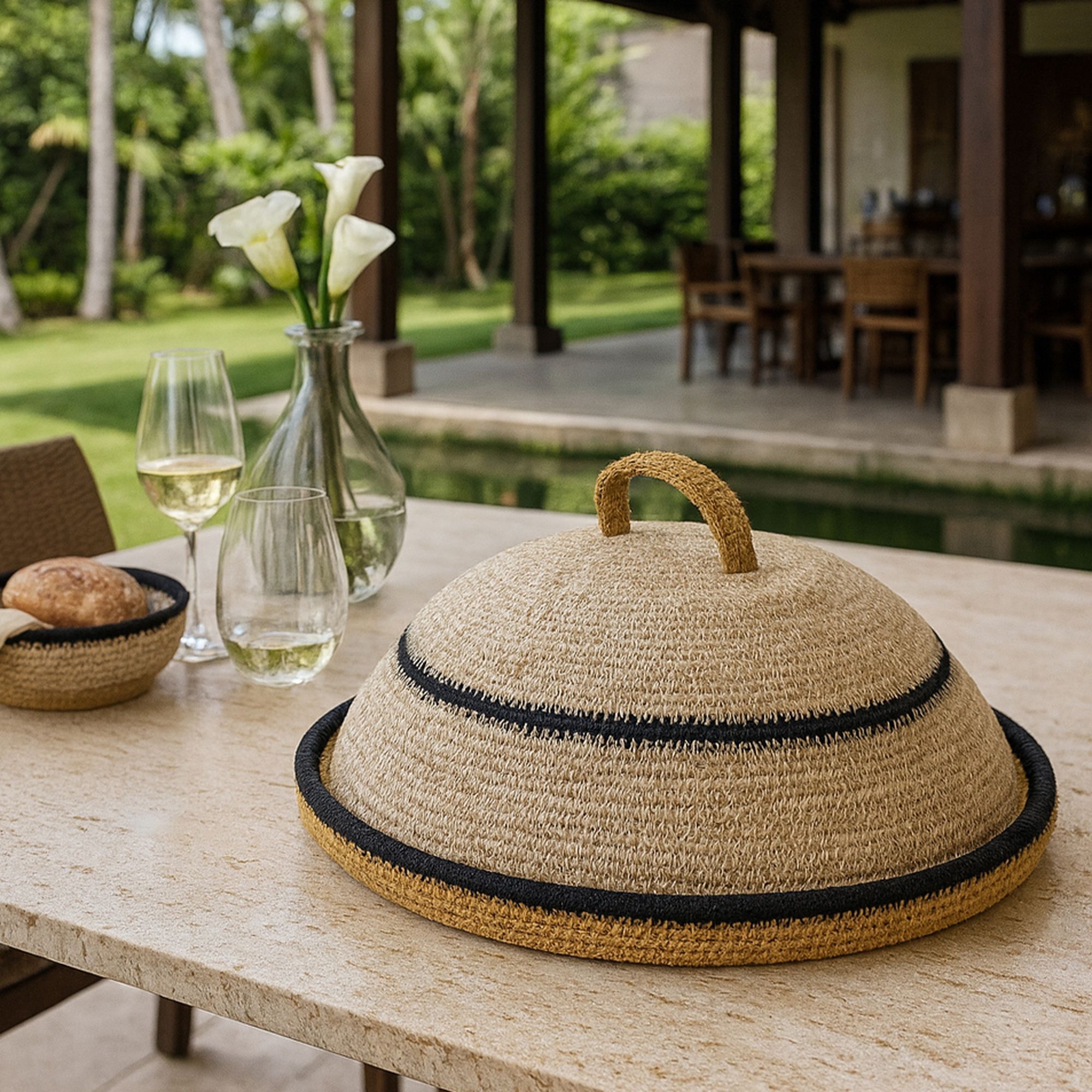 Panier avec cloche d33cm en jonc de mer naturel et safran dune