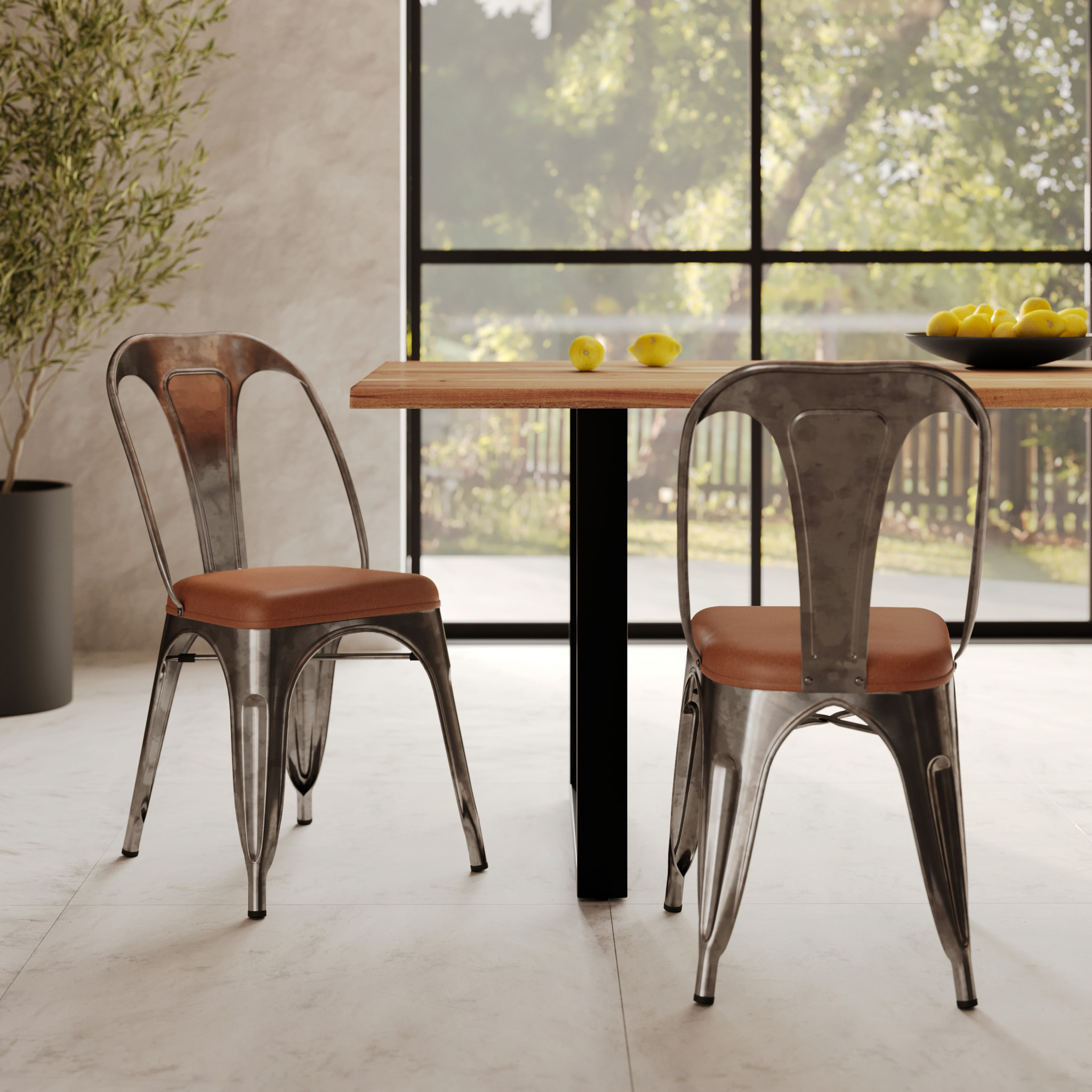 Lot de 2 chaises en métal gris et cuir synthétique marron - Charly