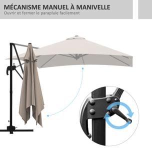 Parasol déporté carré inclinable pivotant 360° manivelle piètement acier dim. 2,95L x 2,95l x 2,66H m taupe