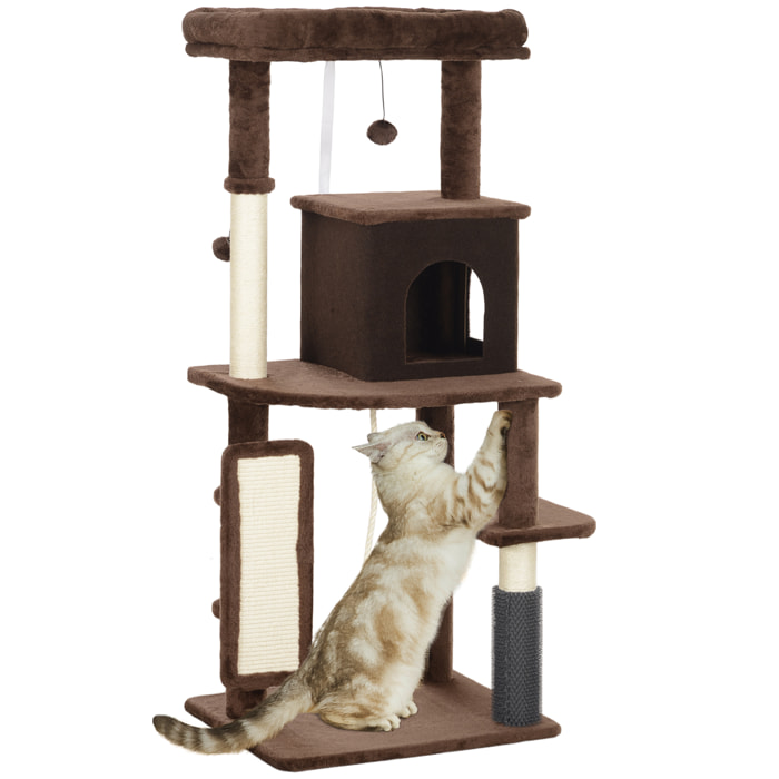 Árbol Rascador para Gatos Altura 132 cm Árbol para Gatos Torre para Gatos con Plataformas Poste con Cepillo Bolas Colgantes y Almohadilla para Rascar Marrón