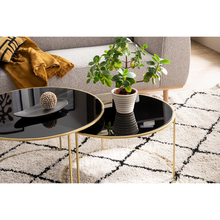 Tables basses gigognes rondes design métal doré et verre teinté noir (lot de 2) ROXO