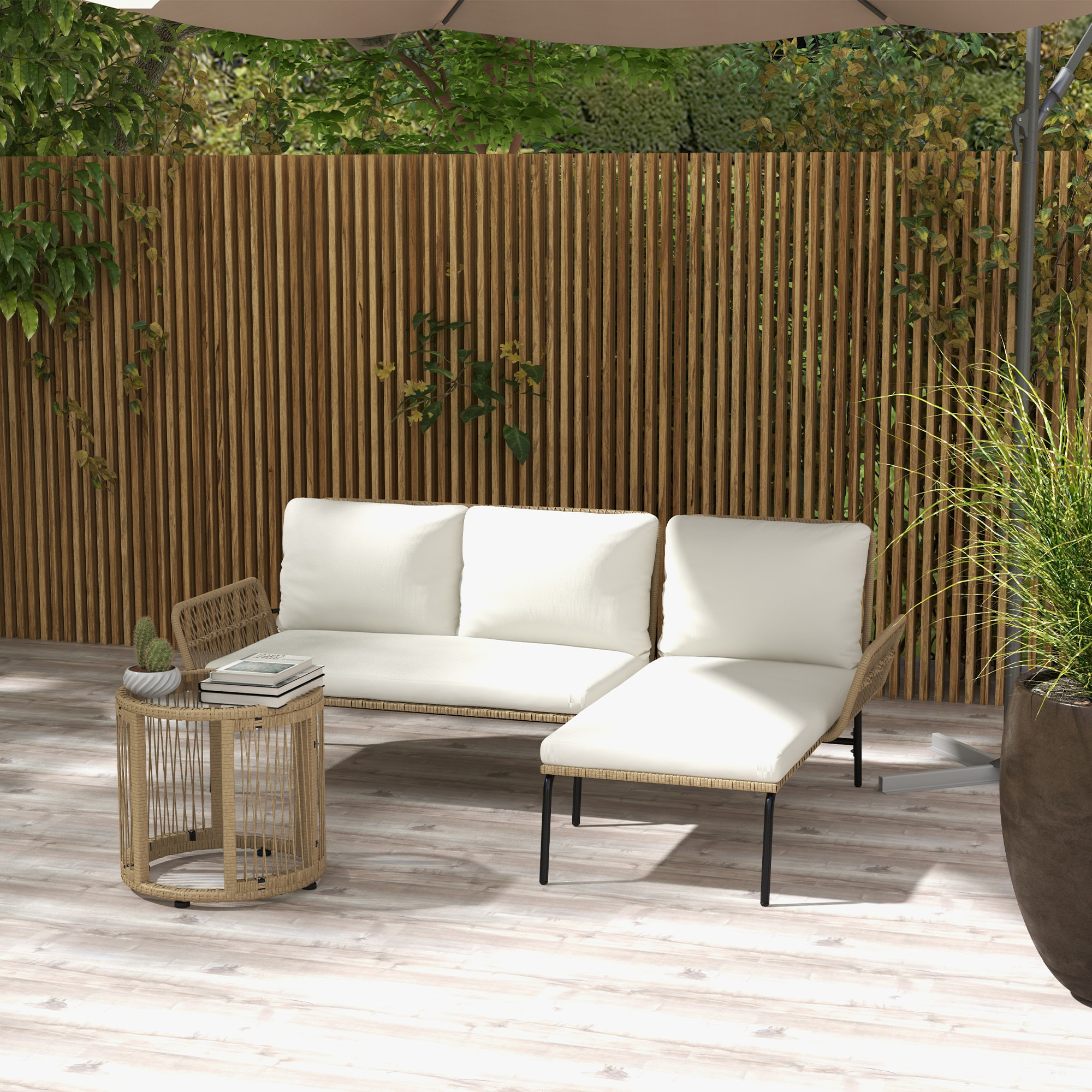 Conjunto de Muebles de Jardín Exterior de Ratán Juego de 3 Piezas Muebles de Terraza con Sofá de 2 Plazas Chaise Longue Cojines y Mesa Auxiliar de Tablero de Vidrio para Patio Crema y Natural