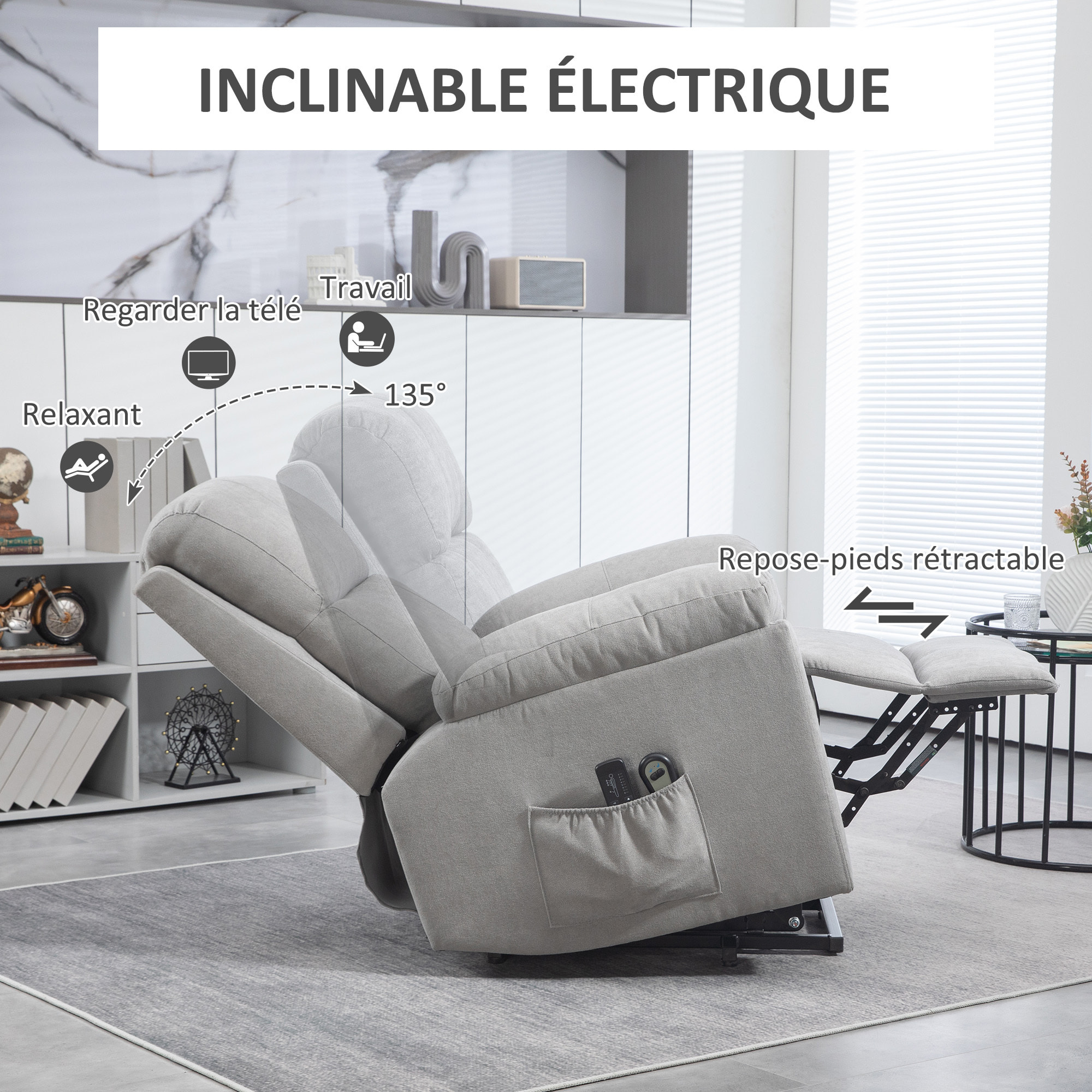 Fauteuil de massage fauteuil releveur électrique inclinaison réglable repose-pied ajustable tissu gris clair