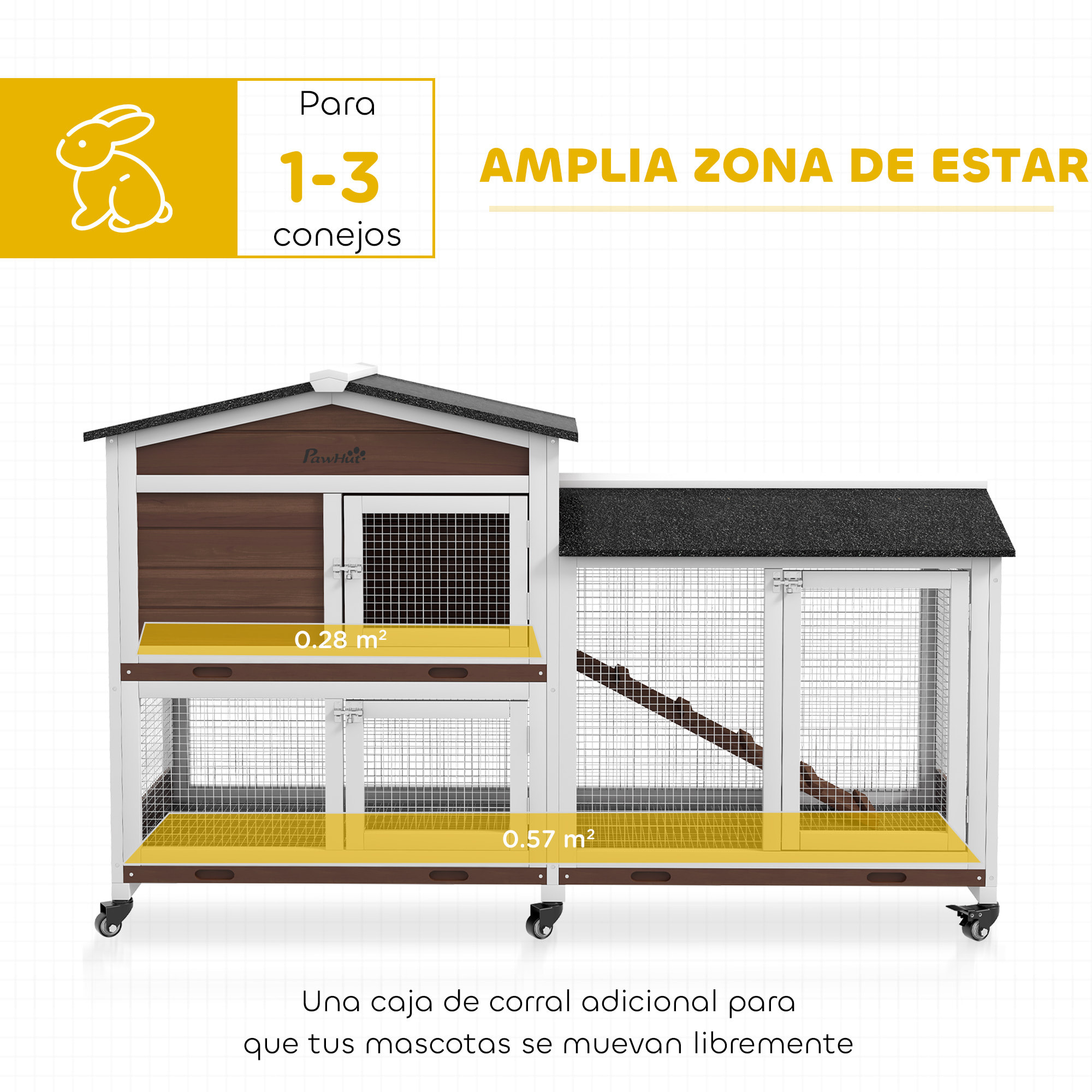 Conejera de Madera con Ruedas 157,4x53x99,5 cm Jaula para Conejos Grande con Techo Asfáltico Bandeja Extraíble y Rampa para Exterior e Interior Marrón
